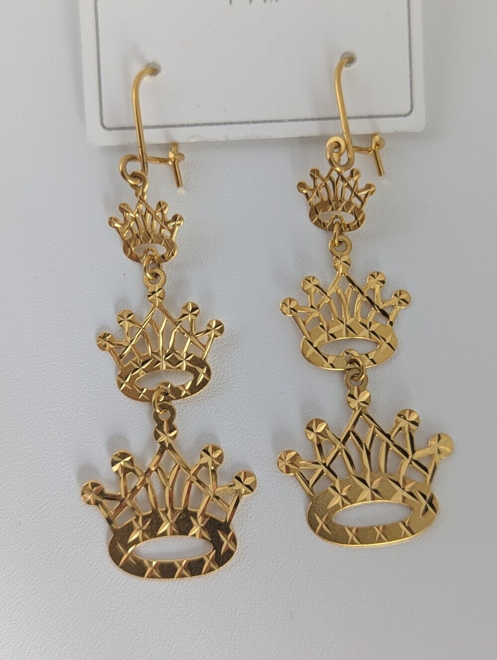 Gold Tone Crown Dangle Earrings Diamond Cut Textured Statement 2.5"